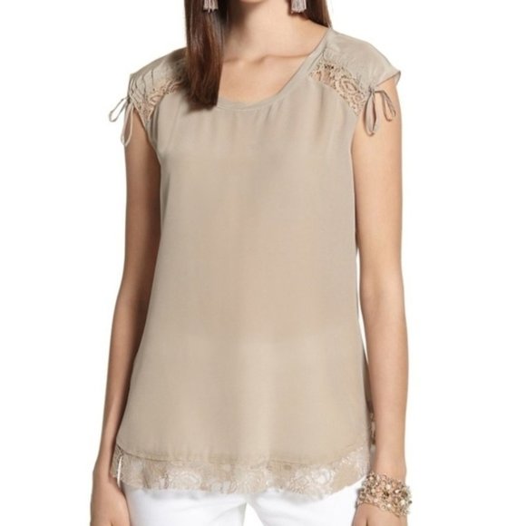Chico's Tops - Chico’s Black Label Silk Lace Hem Shoulder Hi Low Top